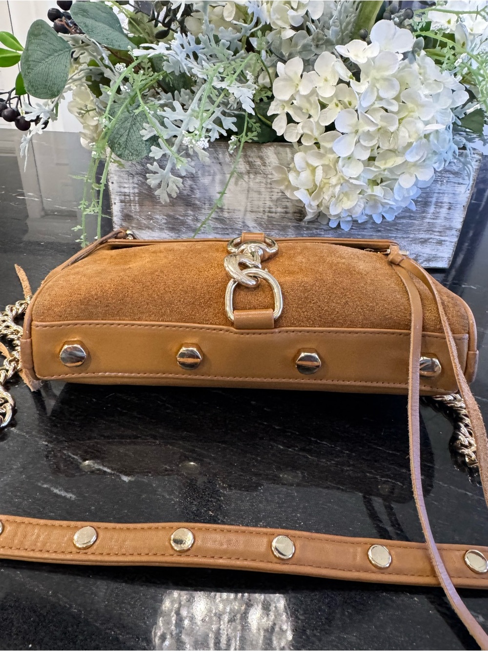 🤎Rebecca Minkoff Mini MAC Cognac Suede Leather Crossbody Bag Chain Strap - Picture 4 of 12